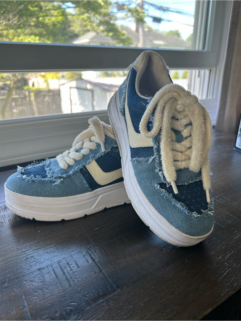 BCBG Distressed Denim Sneakers with Cream Accents
